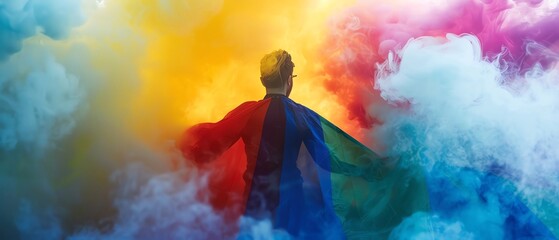 Poster - LGBTQIA pride flag draped over a person surrounded by rainbow smoke, representing visibility and pride in the LGBTQ community
