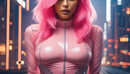 Wall Mural - A striking digital illustration of a futuristic woman with vibrant pink hair, dressed in sleek attire, standing in a cyberpunk cityscape. 