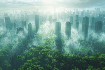 Poster - a forest turning into a cityscape. concept of urbanization and progress. generative ai.