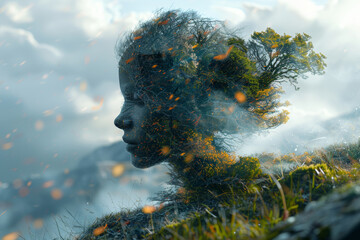 Poster - a person turning into a tree, their limbs becoming branches. concept of nature and continuity. gener