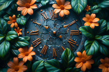 Poster - a clock’s gears transforming into blooming flowers. concept of time and life. generative ai.