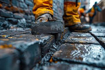 Poster - a construction worker laying bricks for a new building. concept of development and labor. generative