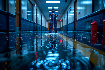 Poster - a janitor mopping the floor of an empty hallway. concept of maintenance and cleanliness. generative 