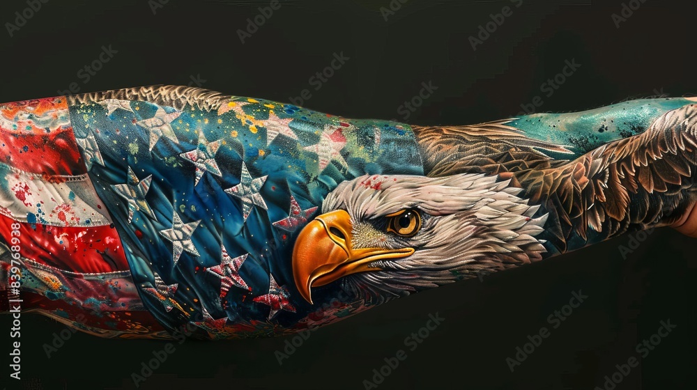 Detailed eagle tattoo on arm with American flag background, symbolizing ...