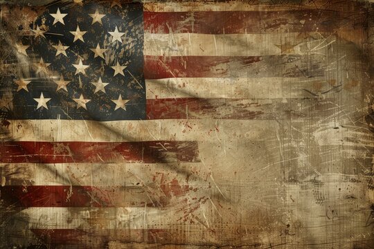 Old weathered American flag with a vintage, worn texture, representing history, patriotism, and national pride in the USA.
