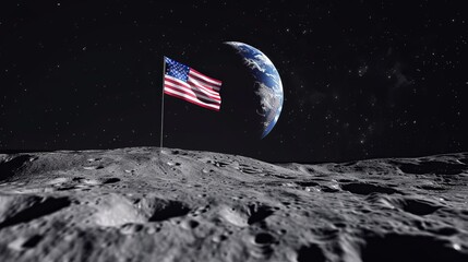 American flag on the moon's surface with Earth in the background, symbolizing human achievements and space exploration.