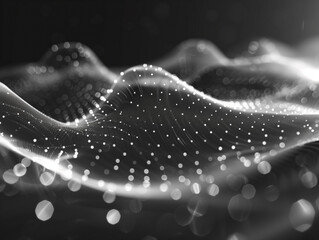 Poster - Data technology illustration. Abstract futuristic background. Wave with connecting dots and lines on dark background. Wave of particles 
