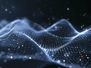 Poster - Data technology illustration. Abstract futuristic background. Wave with connecting dots and lines on dark background. Wave of particles