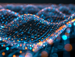 Poster - Cyber big data flow. Blockchain data fields. Network line connect stream. Concept of AI technology, digital communication, science research