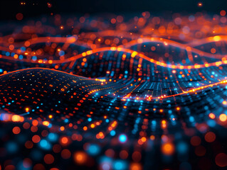 Poster - Cyber big data flow. Blockchain data fields. Network line connect stream. Concept of AI technology, digital communication, science research