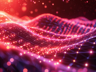 Poster - Abstract wave with moving dots and lines. Flow of particles. Cyber technology illustration. 3d rendering 
