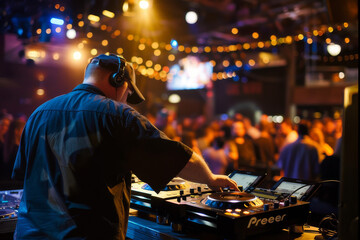 Wall Mural - the intensity of a dj in action at a night club, focusing on their interaction with the music and th