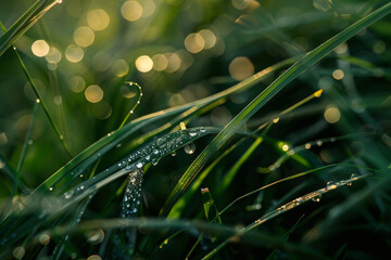Wall Mural - an image showcasing the freshness of morning with dew drops glistening on blades of grass - generati