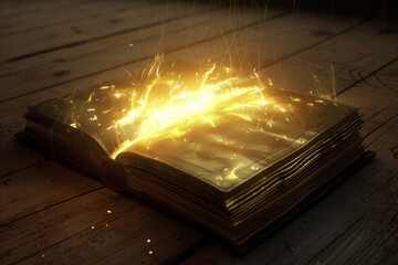 Wall Mural - the forbidden book open to a page that seems to glow with an otherworldly light, suggesting a portal