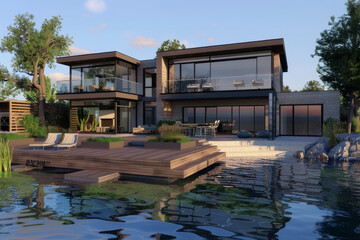Wall Mural - A modern house situated on the waterfront, with direct access to a lake or river - Generative AI