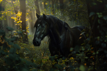 Wall Mural - a black horse emerging from the shadows of an enchanted forest, focusing on the mystical and etherea