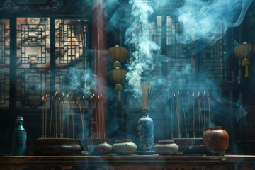 Wall Mural - an image showcasing the gentle rise of smoke from incense sticks in a tranquil, spiritual setting - 