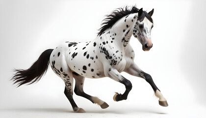 Piebald horse gallops on white background 1