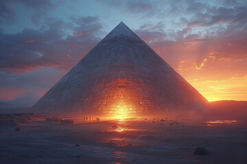 Poster - A pyramid with internal structures and purposes still not fully understood. Concept of architectural mystery and alien influence. Generative Ai.