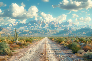 Canvas Print - A road trip through a desert landscape with cacti and red rocks. Concept of scenic drives and road adventures. Generative Ai.