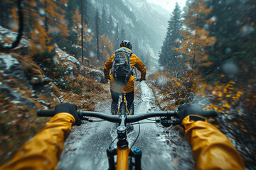 Canvas Print - A cyclist riding through a mountain path. Concept of endurance and adventure. Generative Ai.