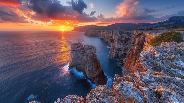 Fiery Sunsets Over Rocky Cliffs: Capture the dramatic colors of a fiery sunset casting warm orange and red hues over the rugged, rocky cliffs, with the cool blue sea below providing a striking
