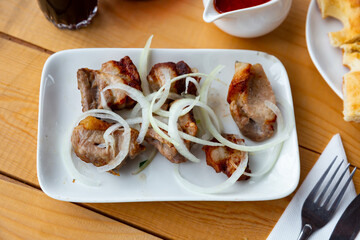 Wall Mural - Oriental grilled pork meat shashlik with sliced onion rings on a plate