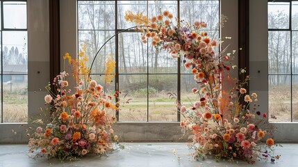 Wall Mural - The archâ€™s floral decorations framed by the studioâ€™s large windows, with natural light streaming in and enhancing the colors of the flowers. shiny, Minimal and Simple,