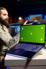 Poster - Programmer updating artificial intelligence algorithm using green screen laptop, making it become sentient. IT specialist programming self aware AI with mockup notebook