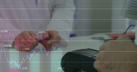 Poster - Image of financial data processing over person paying with credit card in pharmacy in the background