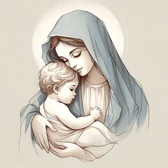 Wall Mural - Motherhood. Mother Mary with baby Jesus, digital drawn illustration on neutral background.