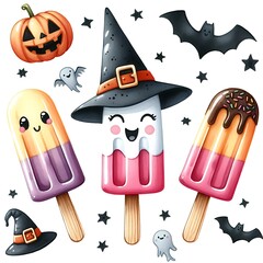 Wall Mural - set of halloween popsicles watercolor