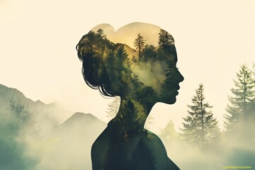 Wall Mural - Creative double exposure portrait of attractive woman with beautiful landscape. International Mother Earth Day. Environmental problems and protection. Caring for nature
