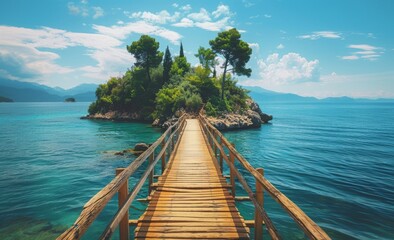 Wall Mural - Stunning wooden bridge leading to a small island in the sea, a sunny summer day view