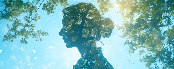 Wall Mural - Creative double exposure portrait of attractive woman with beautiful landscape. International Mother Earth Day. Environmental problems and protection. Caring for nature