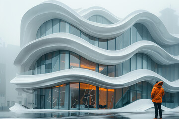 Poster - an architect designing a building that morphs into organic shapes. concept of innovative architectur