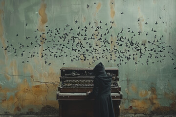 Poster - A writer crafting stories with words that turn into birds and fly away. Concept of imaginative storytelling. Generative Ai.