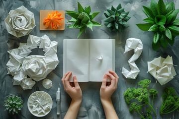 Poster - An author writing a book whose pages fold into origami creatures. Concept of literary creativity. Generative Ai.