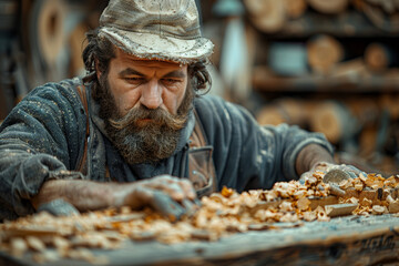 Poster - a carpenter making furniture from reclaimed wood. concept of sustainable woodworking. generative ai.