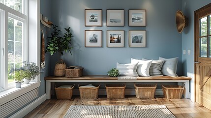 An inviting entryway with a bench and storage baskets, highlighted by a wall adorned with different-sized picture frames displaying a mix of family photos, travel mementos, and art. shiny, Minimal