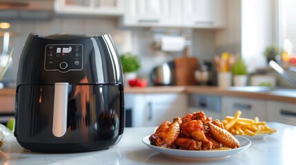 close up of black air fryer in kitchen with plate full off chicken wings and fries on the counter, white walls and cabinets, bright lighting,
