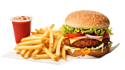 delicious burger with fries and a drink on a white background, perfect for fast food, lunch, or dinn