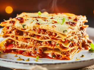 Wall Mural - Lasagna Italian Meat Cheese Noodle Close-Up Food Dining Dinner Blurred Background Image	
