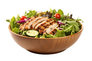 Fresh grilled chicken salad with mixed greens, cherry tomatoes, cucumber slices, and red onion in a wooden bowl. Healthy and delicious!