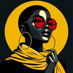 A black, african american woman wearing a yellow scarf and red glasses. modern, minimalist, african pop art style poster juneteenth. Black history day, black lives matter, african culture, fashion 