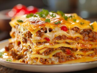 Wall Mural - Lasagna Italian Meat Cheese Noodle Close-Up Food Dining Dinner Blurred Background Image	
