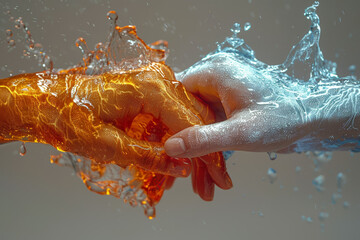 Wall Mural - A fiery hand clashing with an icy hand. Concept of elemental opposition. Generative Ai.