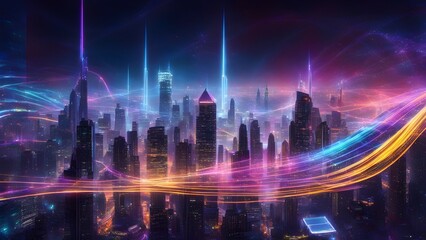 Poster - A cityscape with neon lights and a colorful wave