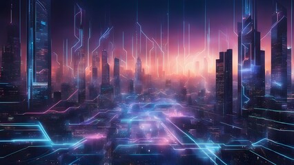 Poster - A cityscape with neon lights and a purple sky