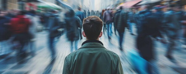 Young man standing alone among a crowd of other people, concept of the feeling of isolation and loneliness due to mental illness